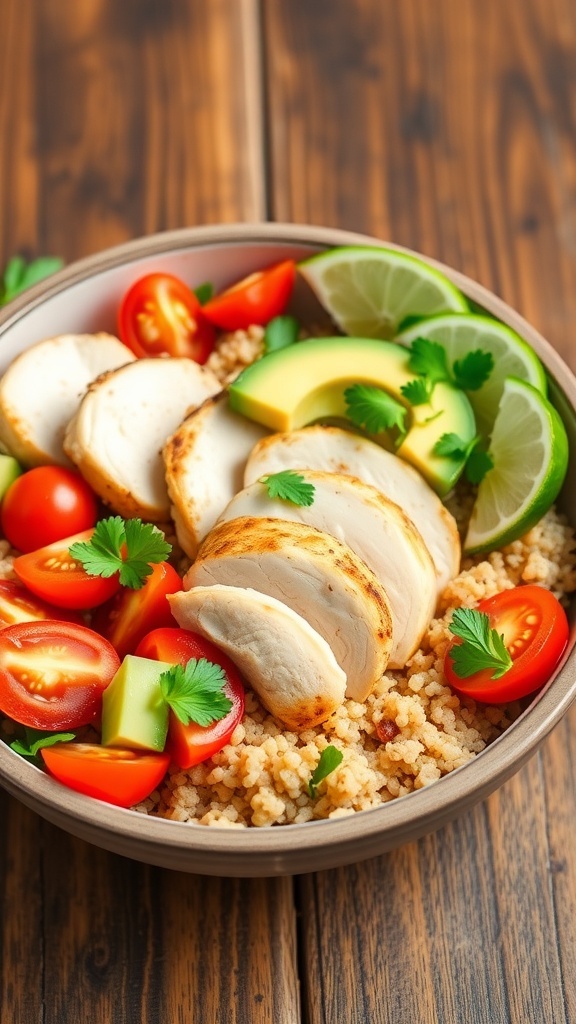 A colorful quinoa chicken avocado bowl with grilled chicken, avocado, cherry tomatoes, and cucumber, garnished with cilantro and lime.